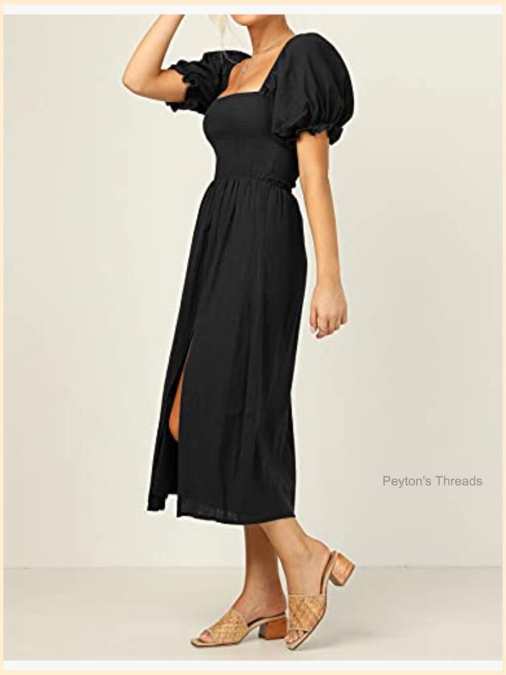 Women's Cotton Puff Sleeve Off-Shoulder Boho Midi Dress with Side Slit - Picture 3 of 7